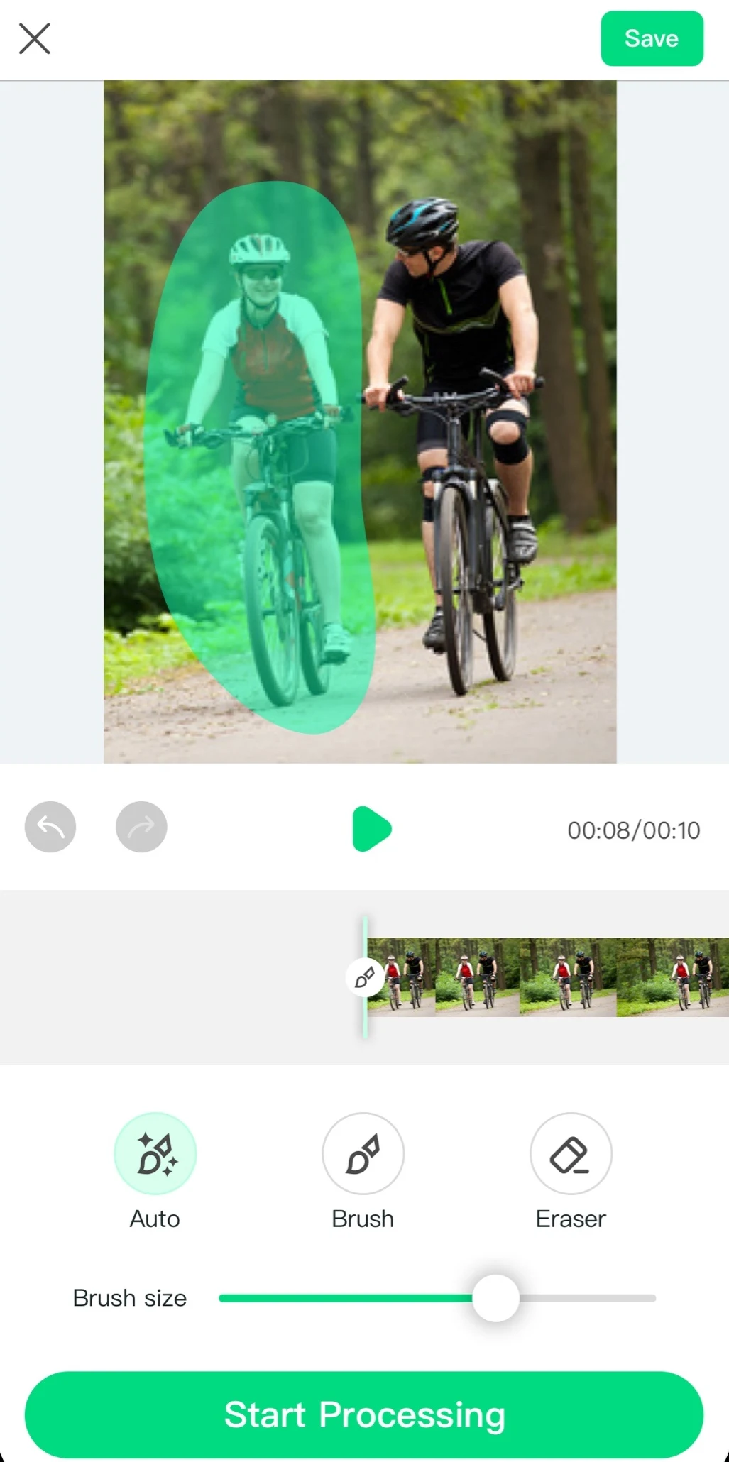 Actual Video Eraser Dynamic Tracking editor showing a selected person and the editing tools.