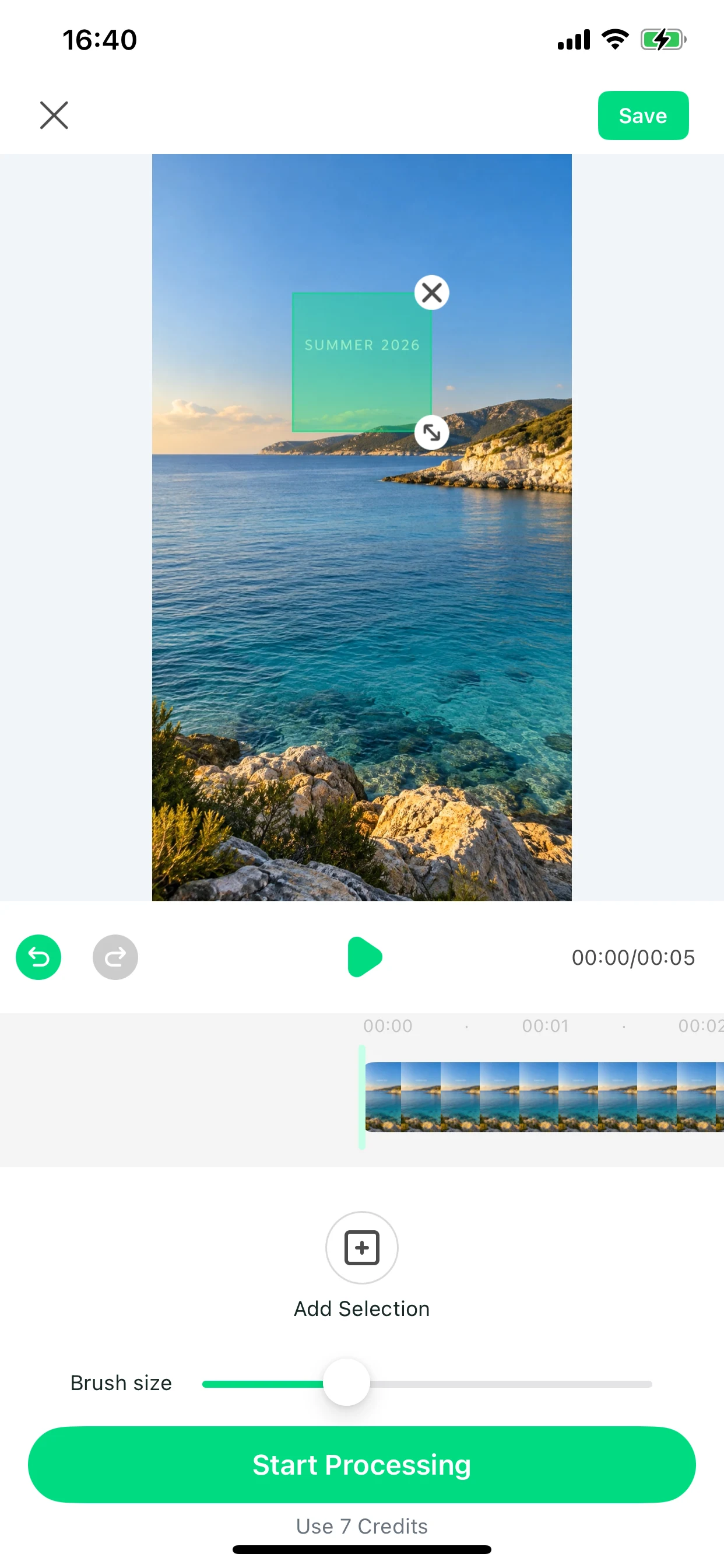Actual Video Eraser Fixed Area editor, with a green selection around an original SUMMER 2026 title on a seaside example clip.